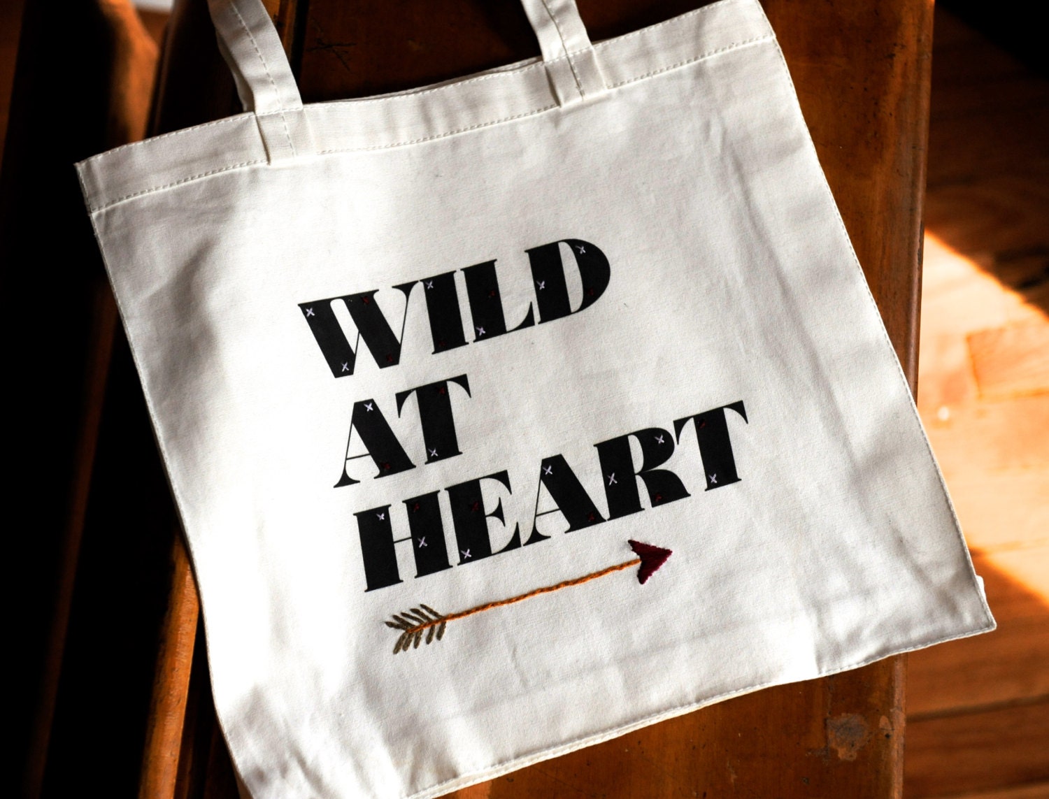 cross stitched bag // WILD AT HEART // canvas cotton tote with arrow // natural shopping bag // quote // rugglesmade