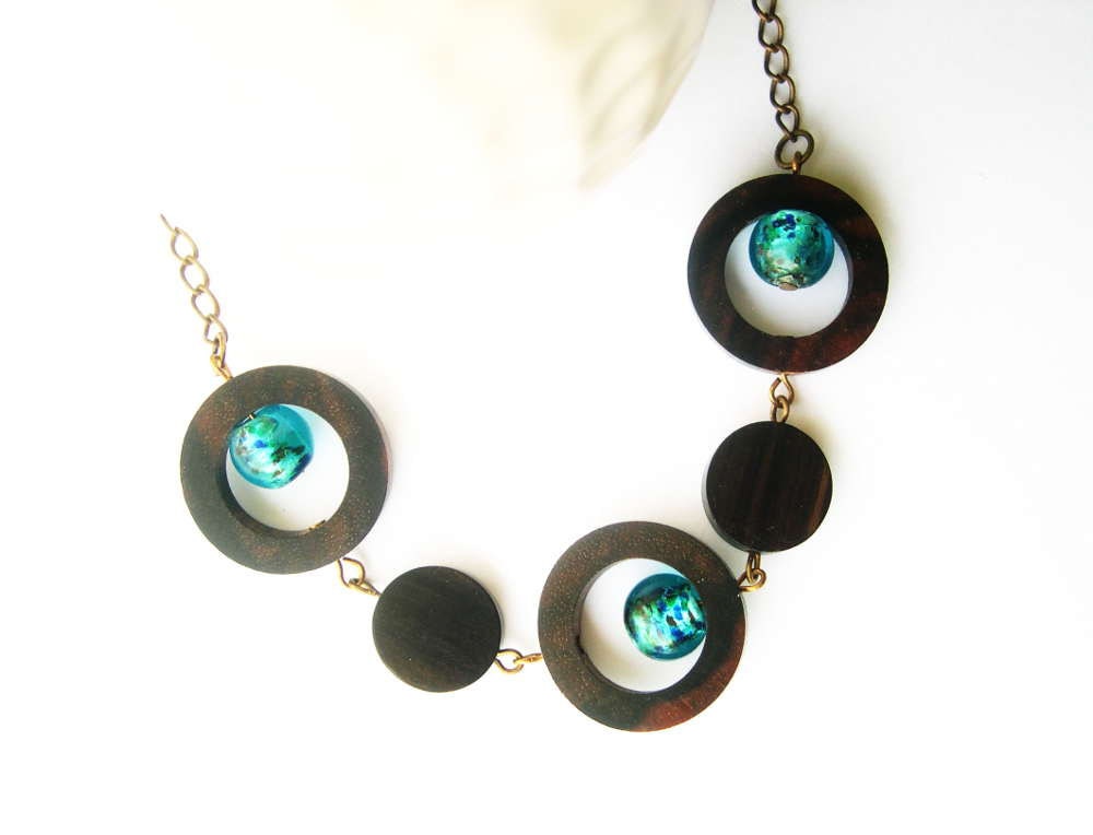 Wood Jewelry Anniversary Gift - Lampwork Glass Necklace, Turquoise Blue, Funky, Boho Jewellery, Ebony