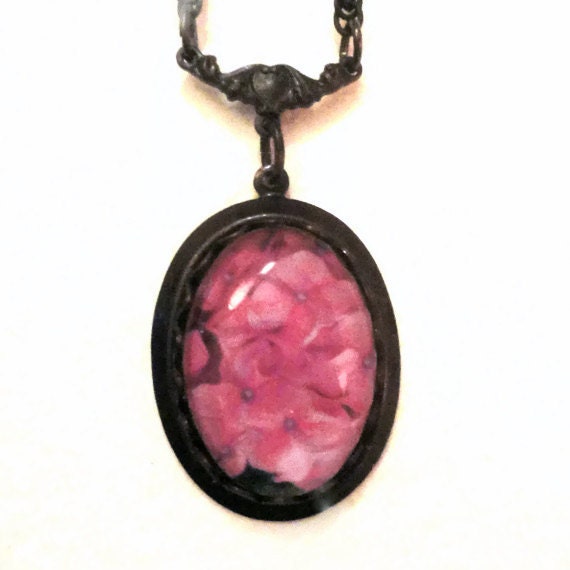 Pink and Black Gothic Necklace Pink Flower Brass Black Gothic Jewelry - Hydrangea