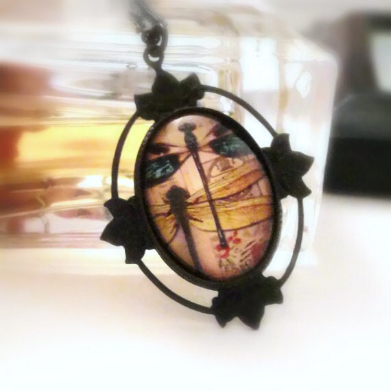 Dragonfly Necklace with Multi Color Wings, Black Flower Leaf, Antiqued Brass Chain - Dragonfly Necklace