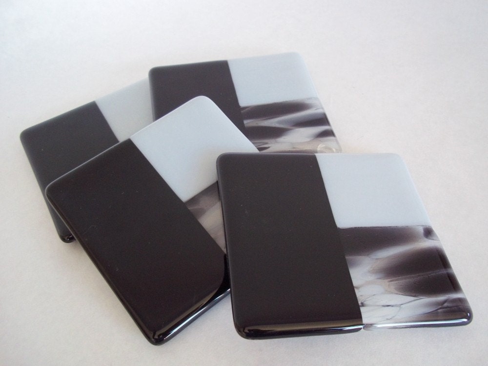 COASTERS - Dove Gray and Black Fused Glass Color Block Coasters - Set of 4