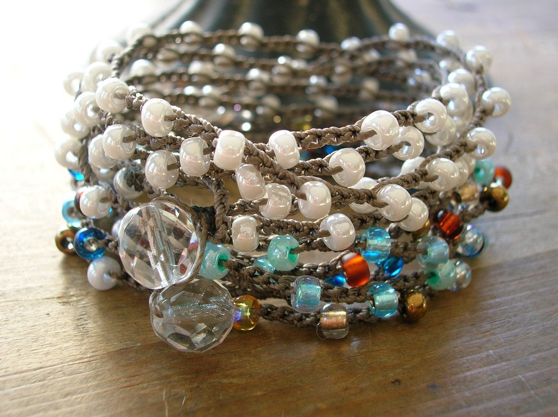 Crochet wrap bracelets COMBO, Bohemian jewelry, beach jewelry, boho chic, surfer, summer, ivory, pearl, aqua