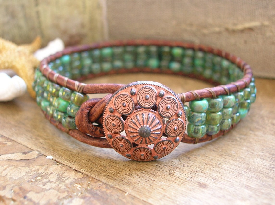 Beachy wrap bracelet - Sea Urchin - leather, boho coastal, turquoise bracelet, seafoam, beach jewelry, bohemian jewelry stacking bracelet