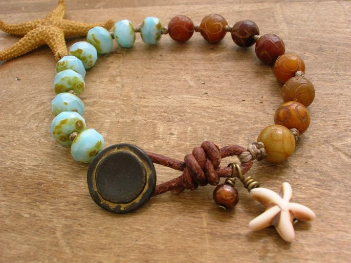 Knotted bracelet - Seashore - Boho jewelry, leather bracelet beach jewelry, dangles, bohemian, sundance, starfish, sky blue rustic