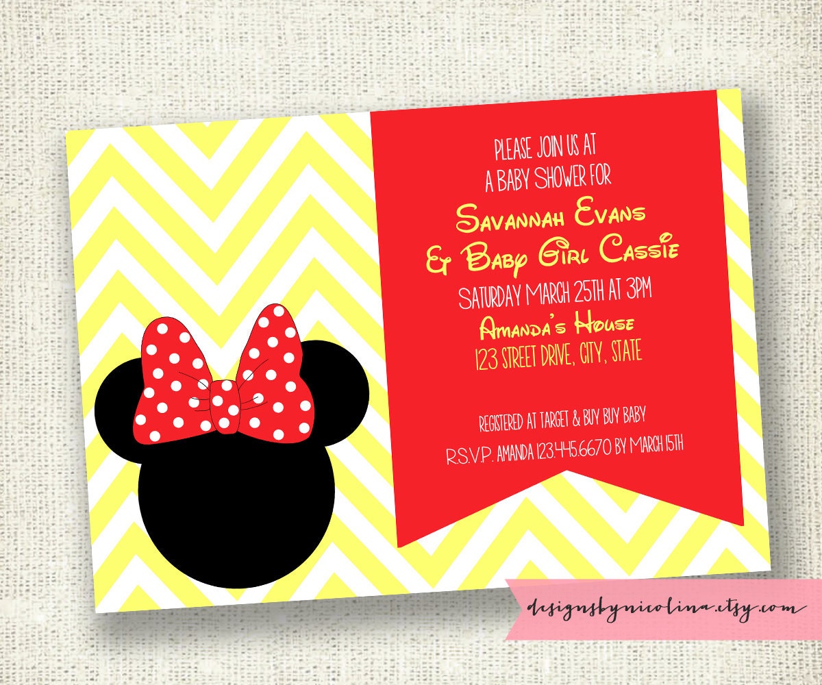 Modern Chevron Minnie Mouse Bow - Baby Shower or Kids Party - PRINTABLE Invitations