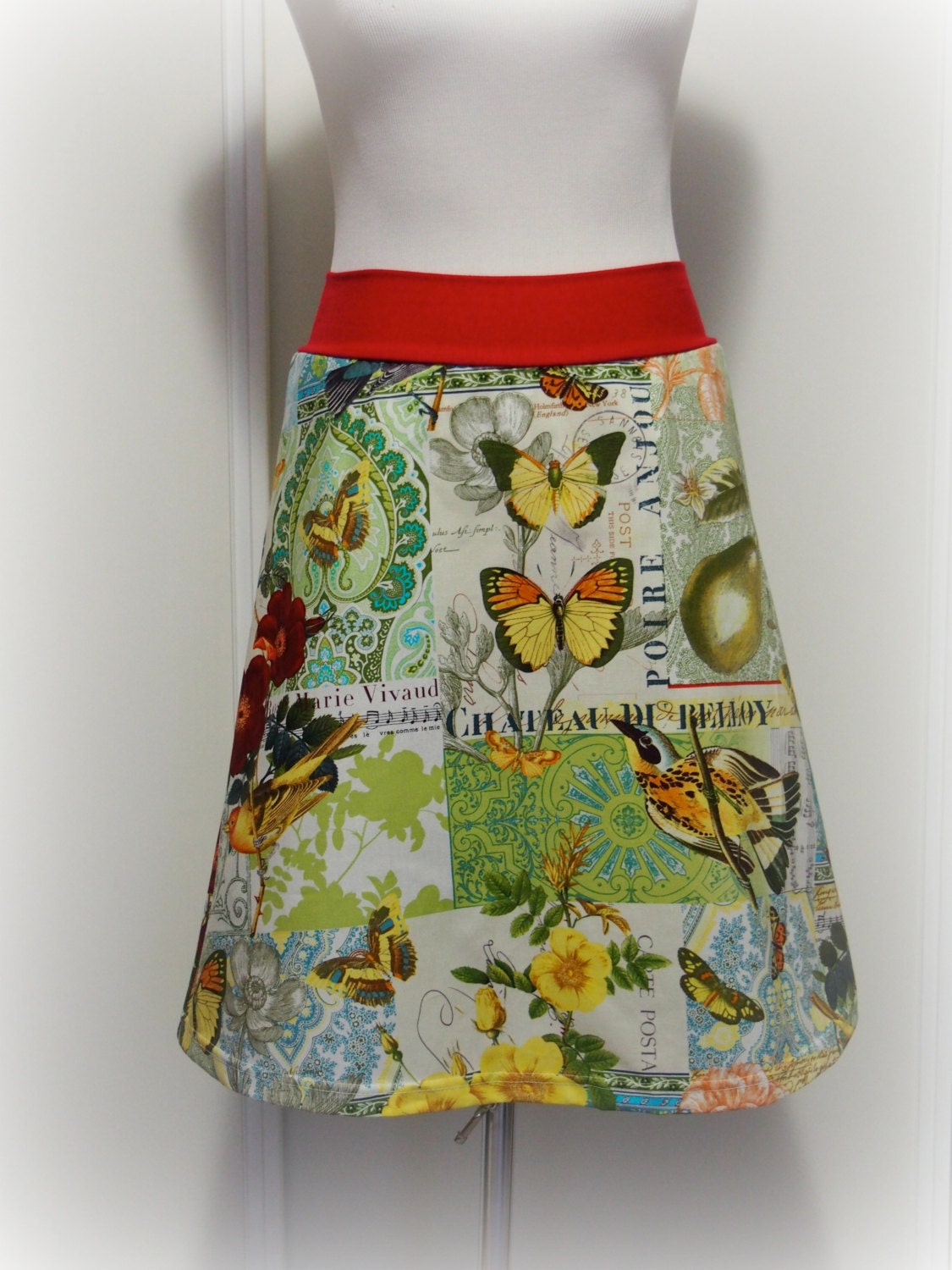 birds and butterfies print aline skirt from Wanderlust by Miss Fancypants - light weight 100% cotton