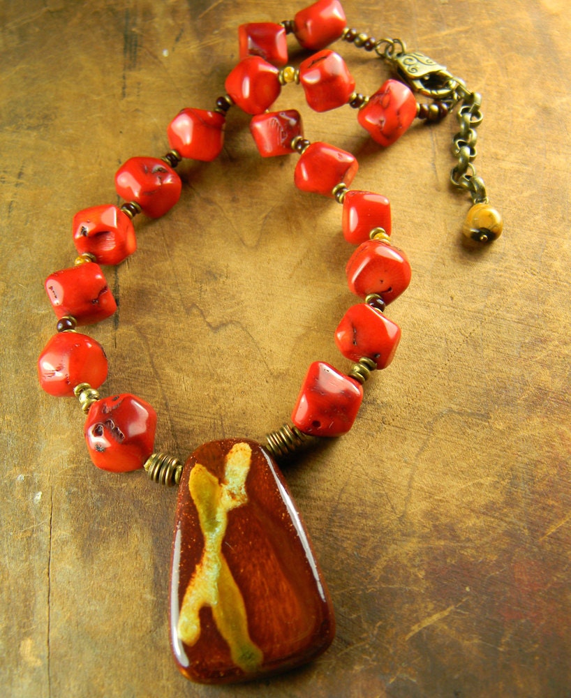 Kazuri Pendant Necklace Coral Nugget Brass OOAK