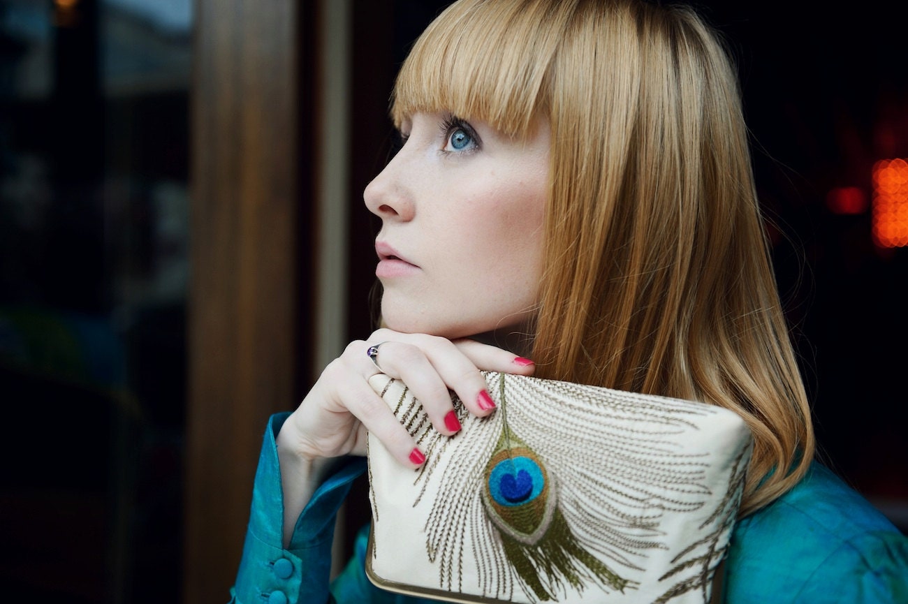 Peacock Feathers Silk Embroidered, Wedding clutch, Bride clutch, Evening purse, Bridesmaid clutch, Bag Noir
