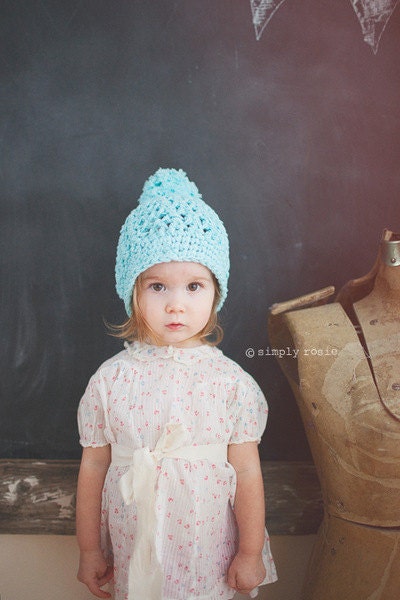 Cotton Crochet Hat with Pom Pom, Toddler Hats for Girls, Robins Egg Blue Beanie for Toddlers, Kids hats, 12 to 24 Months