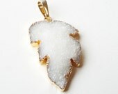 Large White Gold  Plated Druzy Agate Flower Leaf Shaped Pendant With Gold Bail