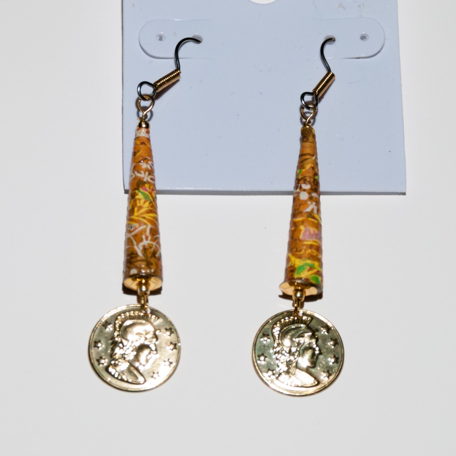 Upcycled Paper Bead with Golden Coin Charm Earrings - Choose Brown or Lavender