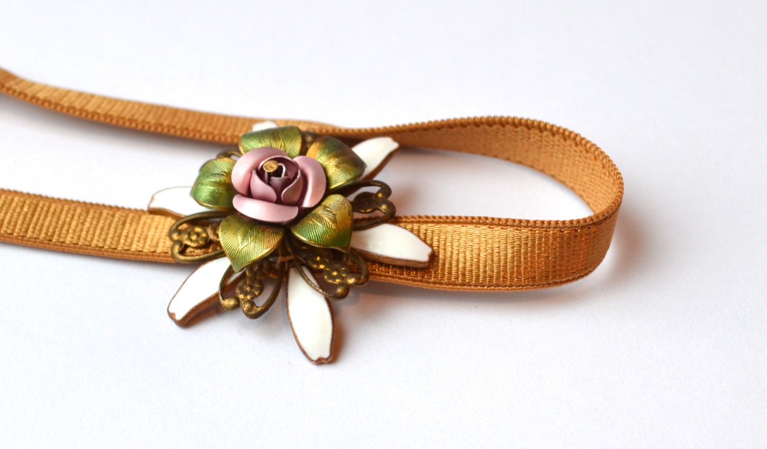 Romantic Gold Headband with Vintage Metal Flower, Green, Pink, and White Flower Hairband by Jill's Boutique on Etsy