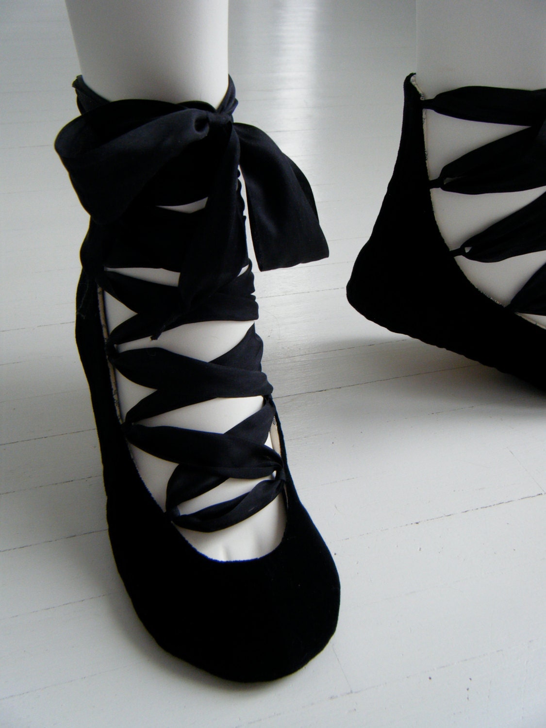 Black Lace Up Boot, RAVEN Wedding Flats, Steampunk, Goth, Lolita, Jane Austen Regency Shoes by Bobka Baby