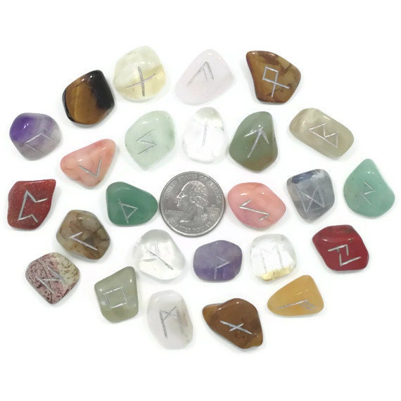 Small Mixed Stones Rune Set Hand Carved Elder Futhark With Manual & Pouch