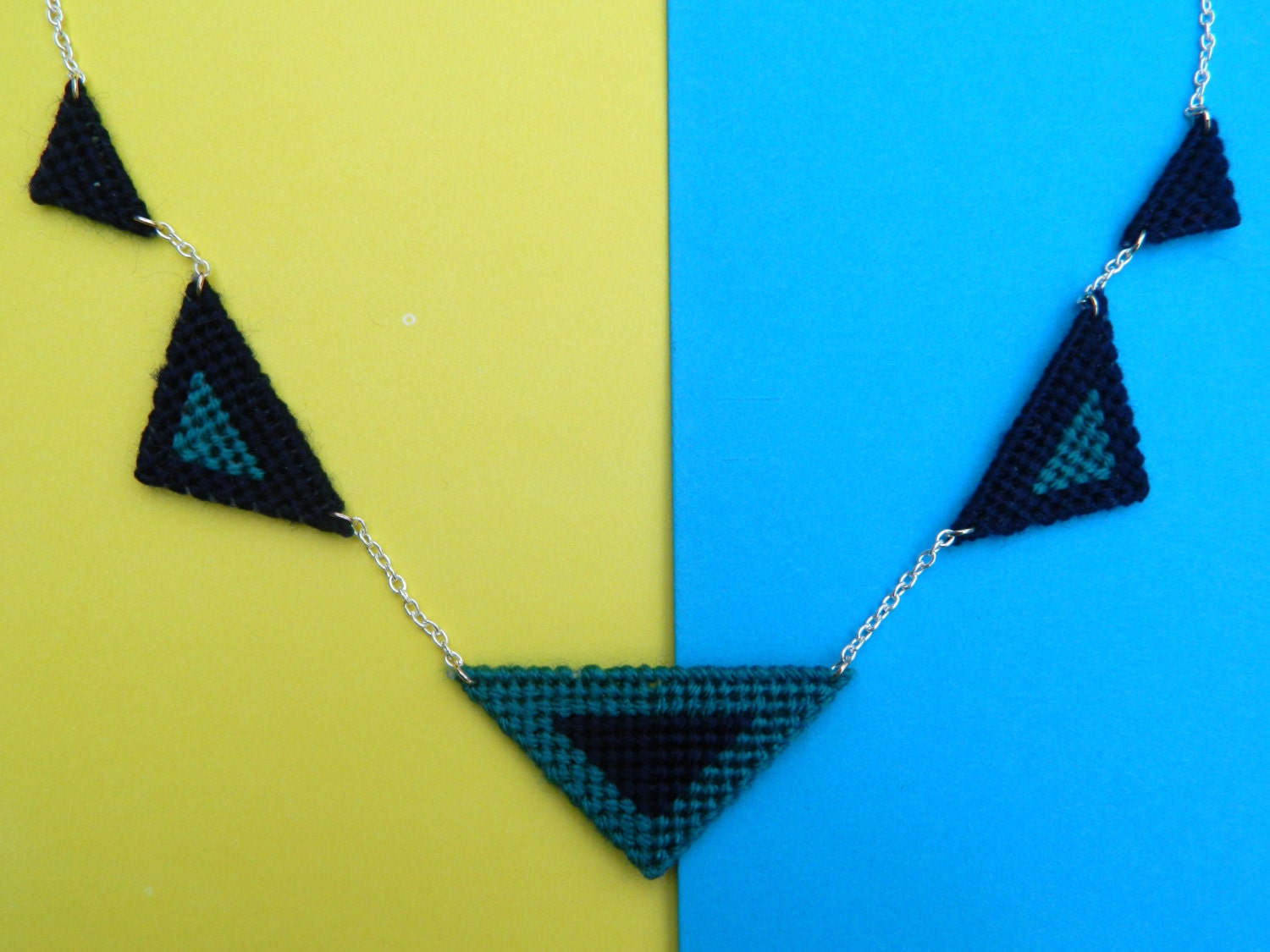 Triangle Bunting Necklace, Navy and Jade Necklace, Geometric Necklace