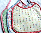 Baby Bib Set in Feedsack Reproduction Fabrics with Tie Fasteners and Bias Trim