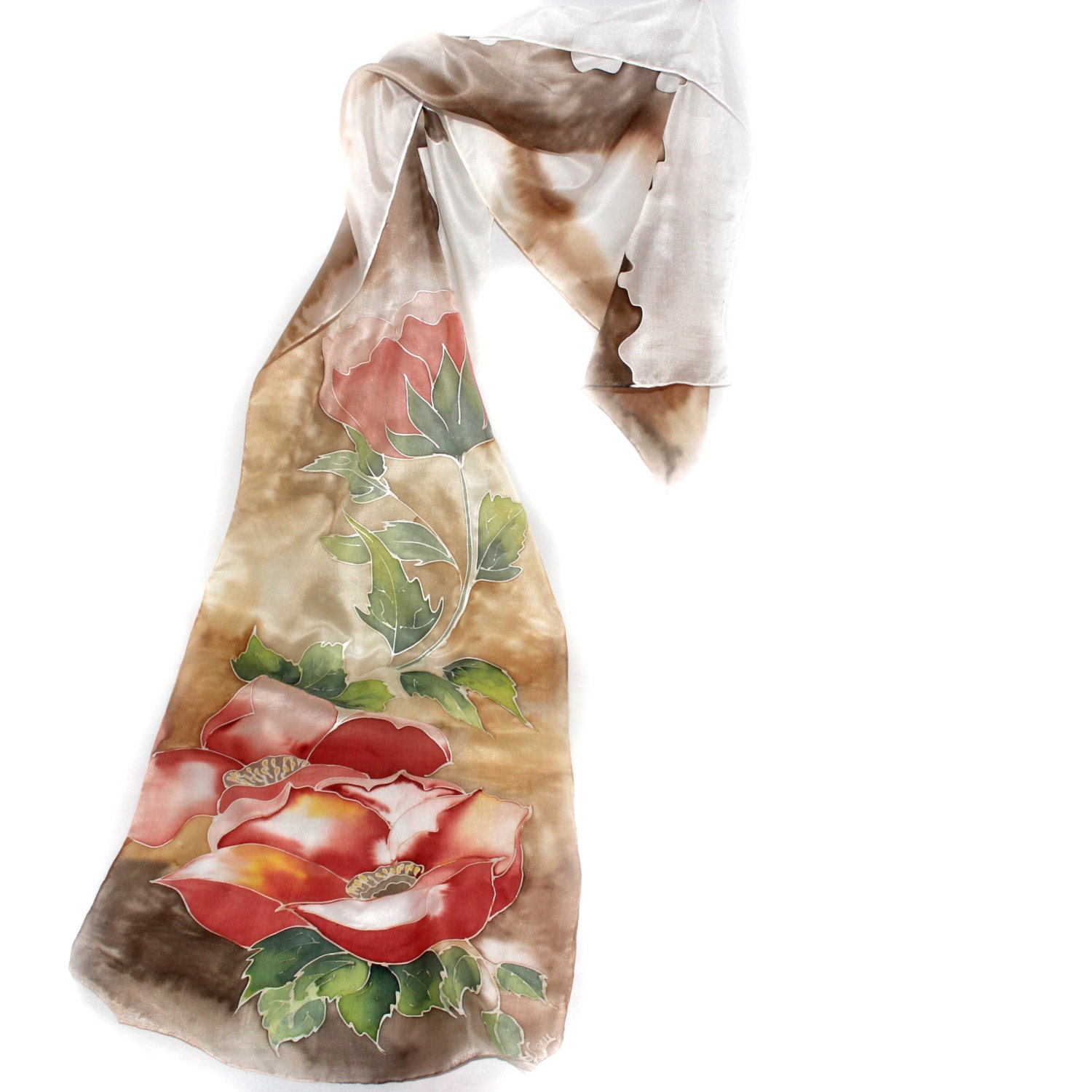 Hand Painted Long Silk Scarf, Red Flowers, Brown and White  Colors, Shades of Brown MADE TO ORDER