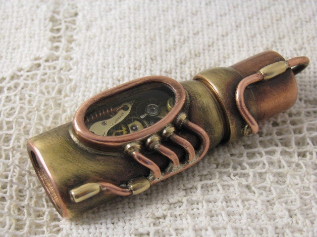 Steampunk USB flash drive with glowing glass windows. 32 GIG. Copper, brass, watch parts and glass. Waterproof.
