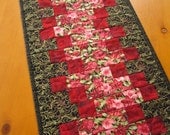 Quilted Table Runner Handmade Floral with Shades of Pink to Burgundy with Black
