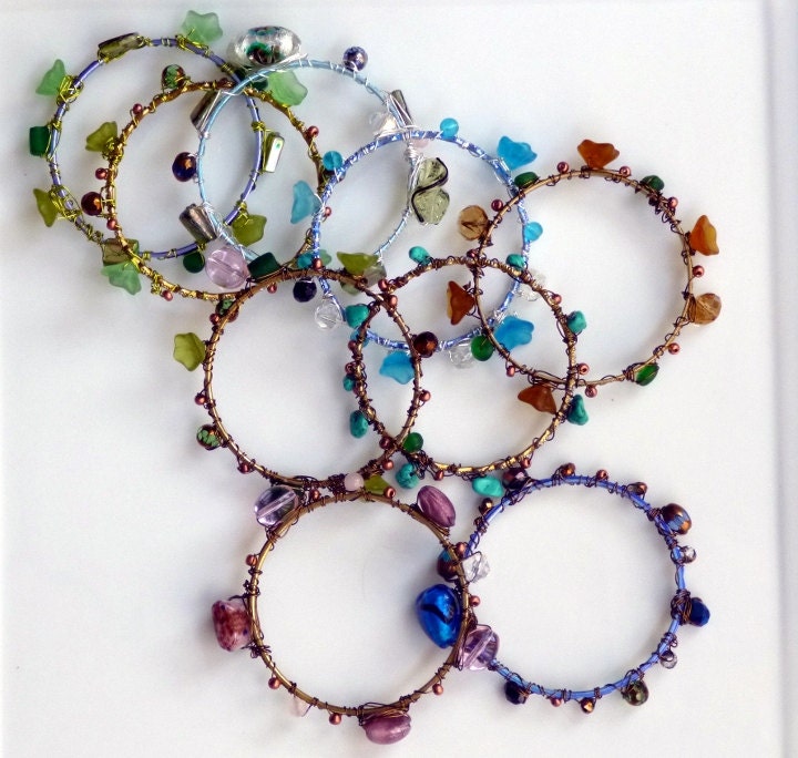 Healing Blessing Bangles Wire Wrapped Recycled Bracelets In Ethereal Hues and Semi Precious Stones