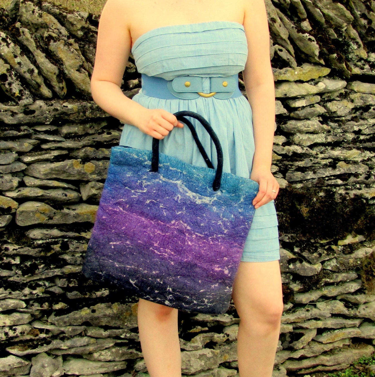 Bag. Galaxy Bag. Wet Felted Bag. Large Handmade Felt Tote.