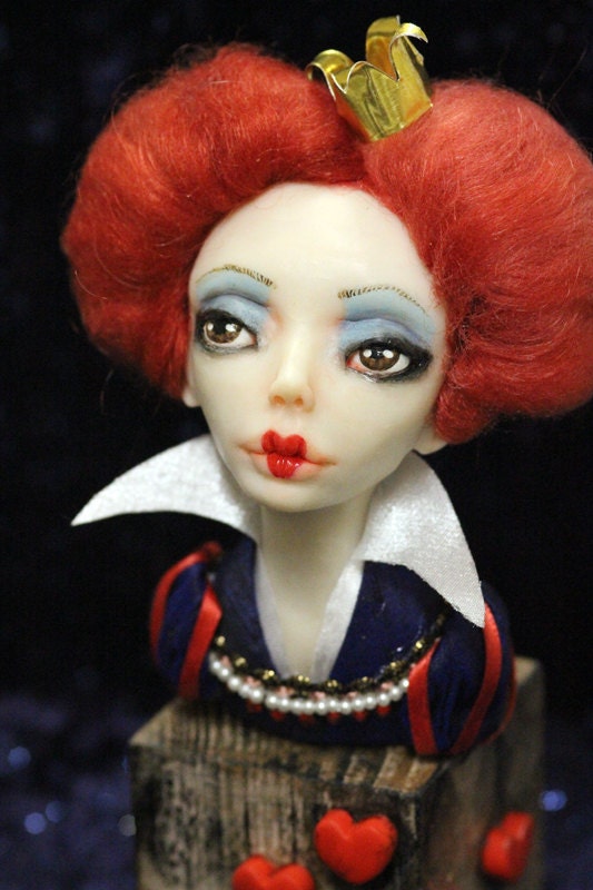 Red Queen Art Doll Bust made with polymer clay OOAK One of a Kind Alice in Wonderland inspired