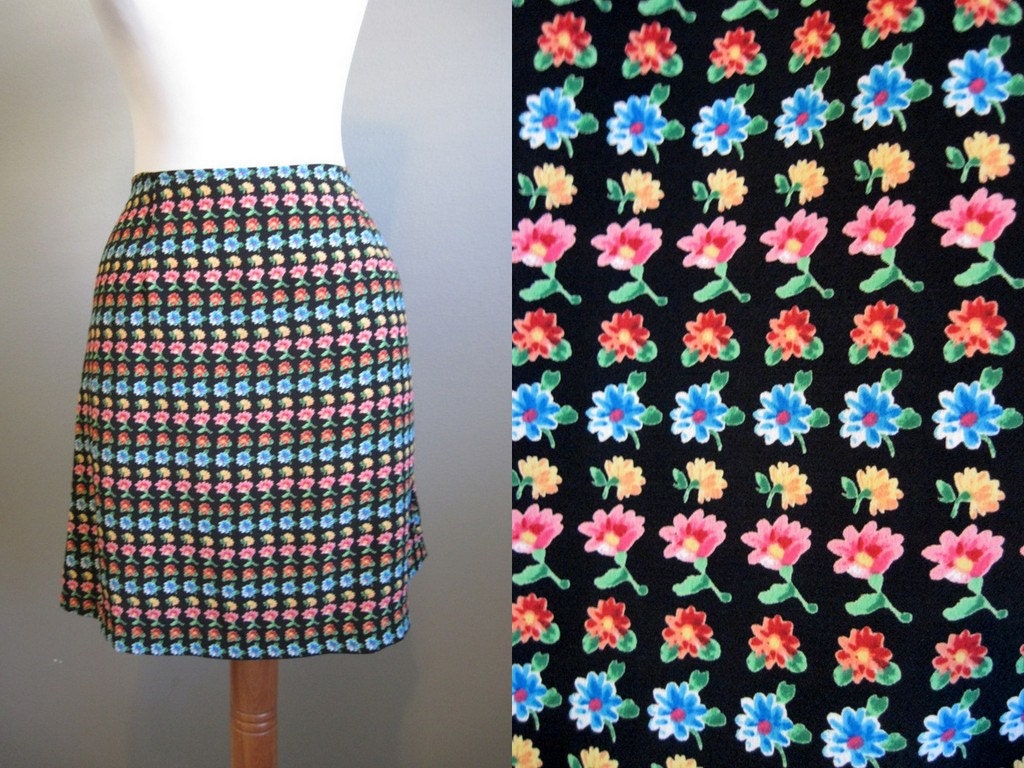 90s Mini Skirt Vintage Floral Black Flowers Body Con Small