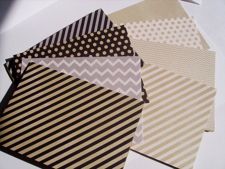 Modern Note Cards - Stripes Dots Chevron Kraft Stationery Set, Black Beige Slate Grey Ivory Kraft Note Cards, Modern Neutral Thank You Notes