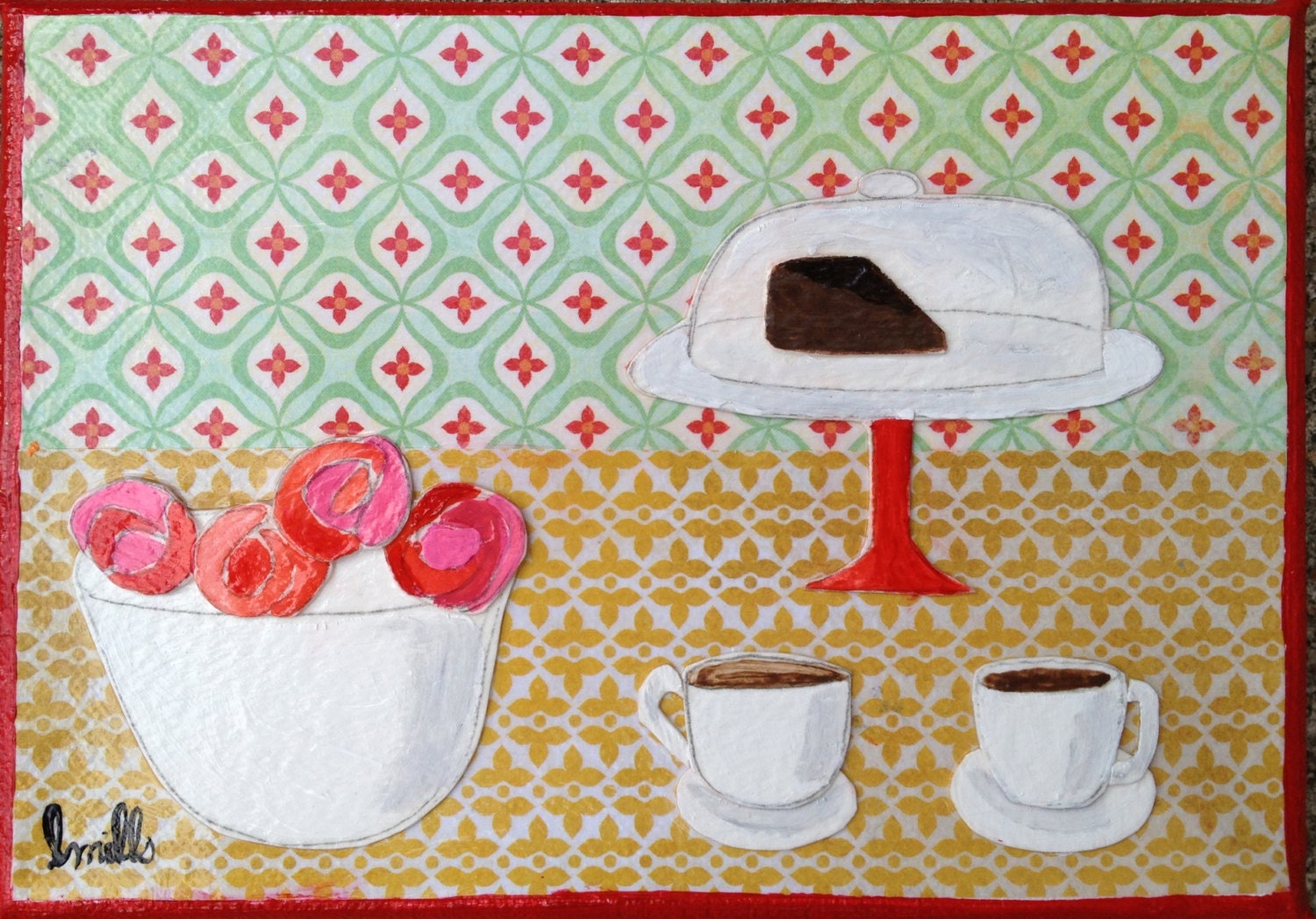 5x7 Kitchen Table Collage 3 -it's all cake and roses- small colorful kitchen decoupage Valentine canvas folk art still life