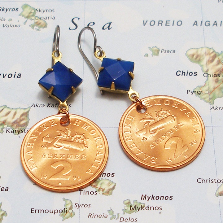 Greece, Vintage Coin Earrings - - Life by the Sea - - Anchor - Ship Wheel - Cannon - Greek Coins