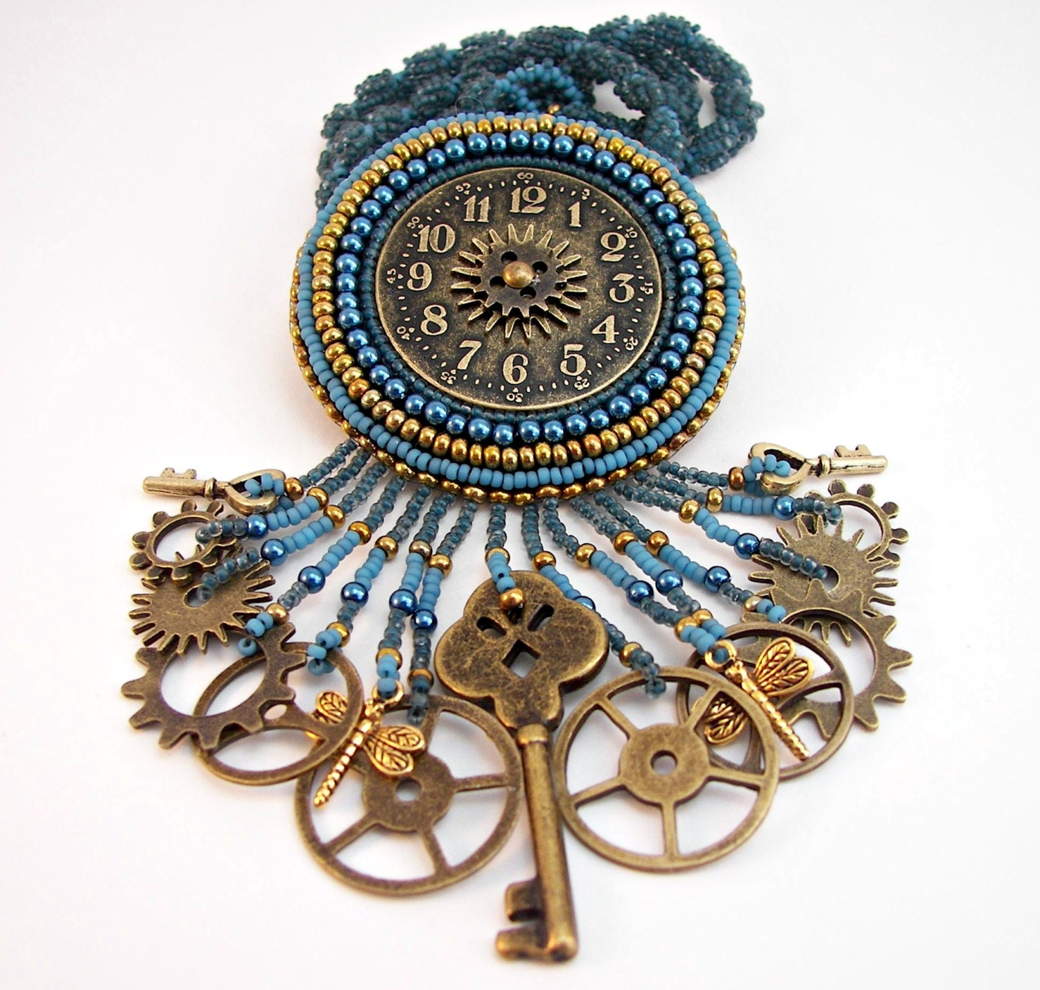 Steampunk Style Denim Blue Clock Necklace Brooch