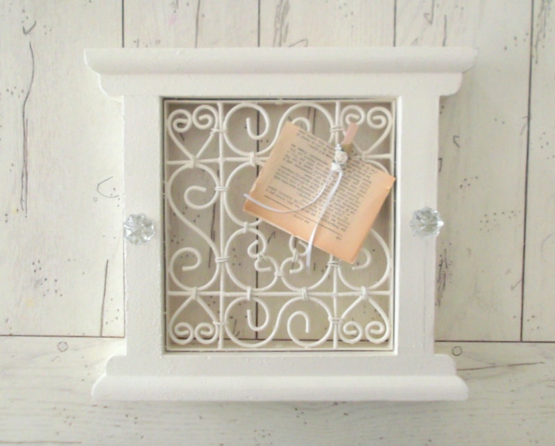 Message Board Photo Holder Wedding Jewelry Holder Organizer White Frame Salvaged Wood and Metal Wall or Desk Organizer