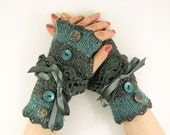 Knit fingerless gloves arm warmers fingerless mittens women grey teal blue tweed lace romantic victorian tagt team