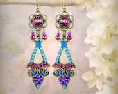 Aphrodite Micro Mosaic Rhinestone Chandelier Earrings - Violet Turquoise Fuchsia, Jewel Tones, Custom Wedding Bridal, Bohemian, Gypsy