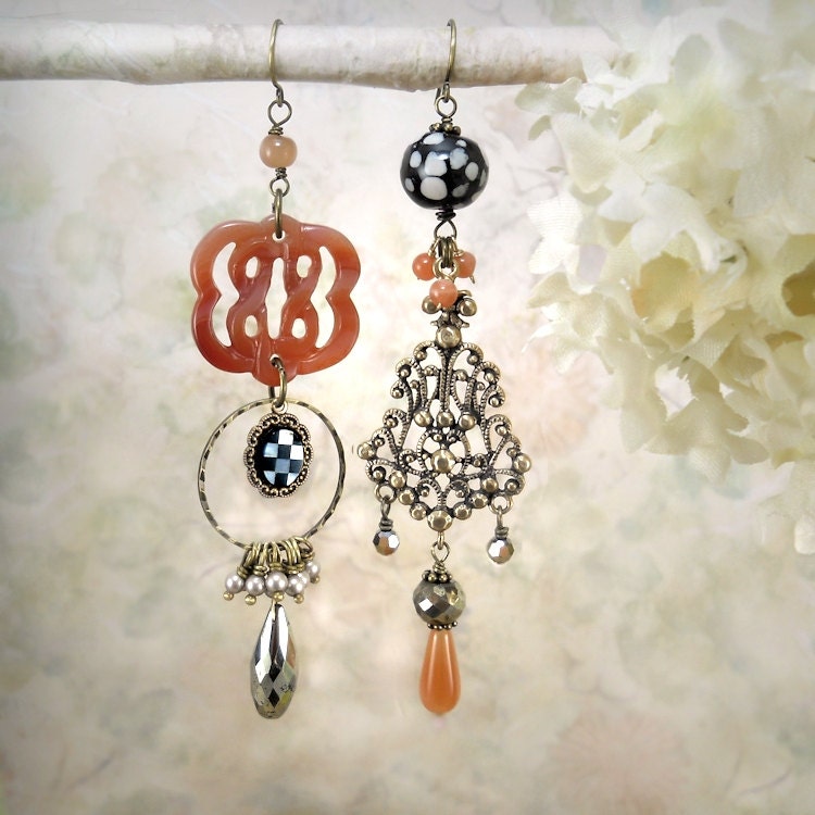 Tribal Echo 15 - Asymmetric Mismatch Regal Tribal Earrings OOAK, Carved Knot, Gemstone, Peach Moonstone, Agate, Pyrite, Bronze, Clay, Gypsy