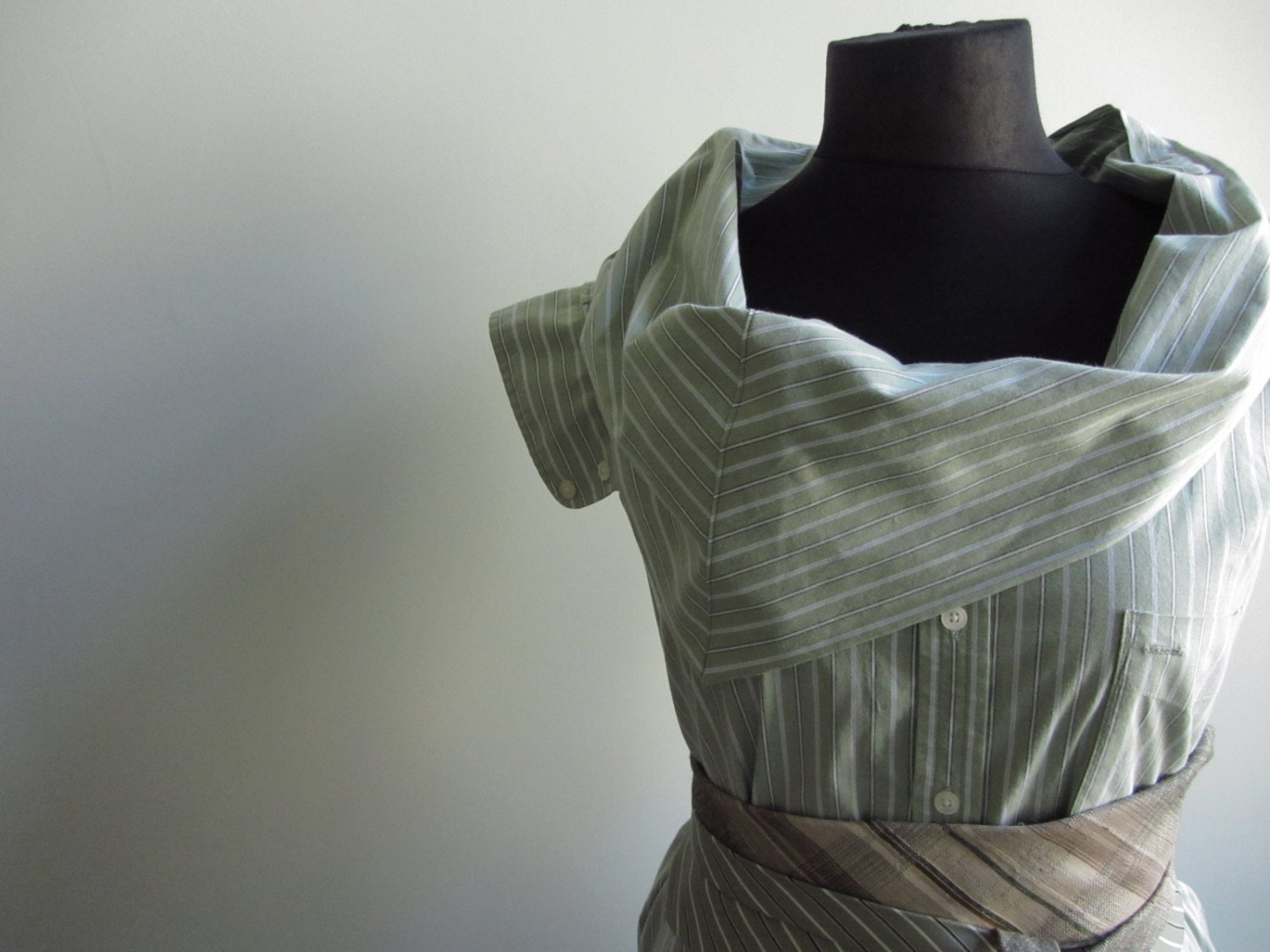 Upcycled Clothing / Avocado Green Striped Cowl Neck Boyfriend Tunic with Neckties Belt / Women Tops Tunic / reconstructed mens shirt