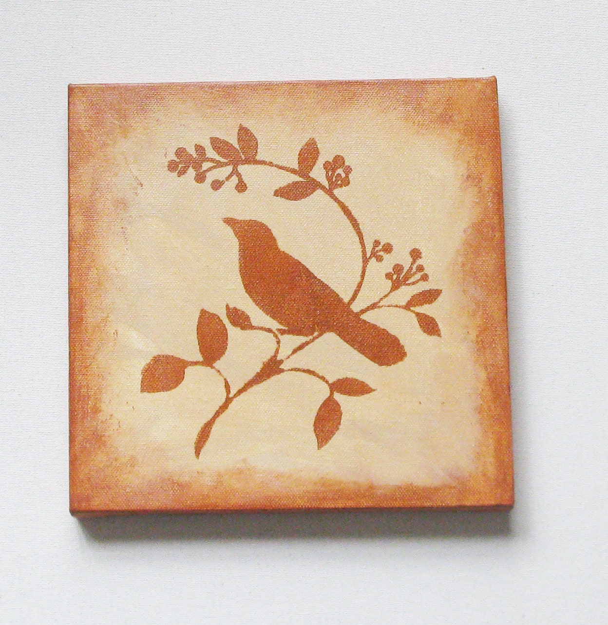 NEW Sepia acrylic bird painting on canvas 8x8 inches square wall art