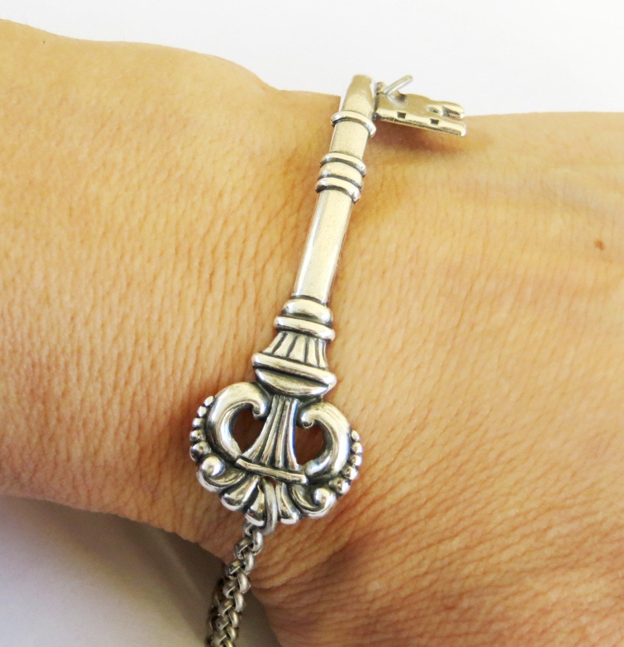 Steampunk Victorian Skeleton Key Bracelet- Sterling Silver Ox Bracelet- Alice in Wonderland Inspired