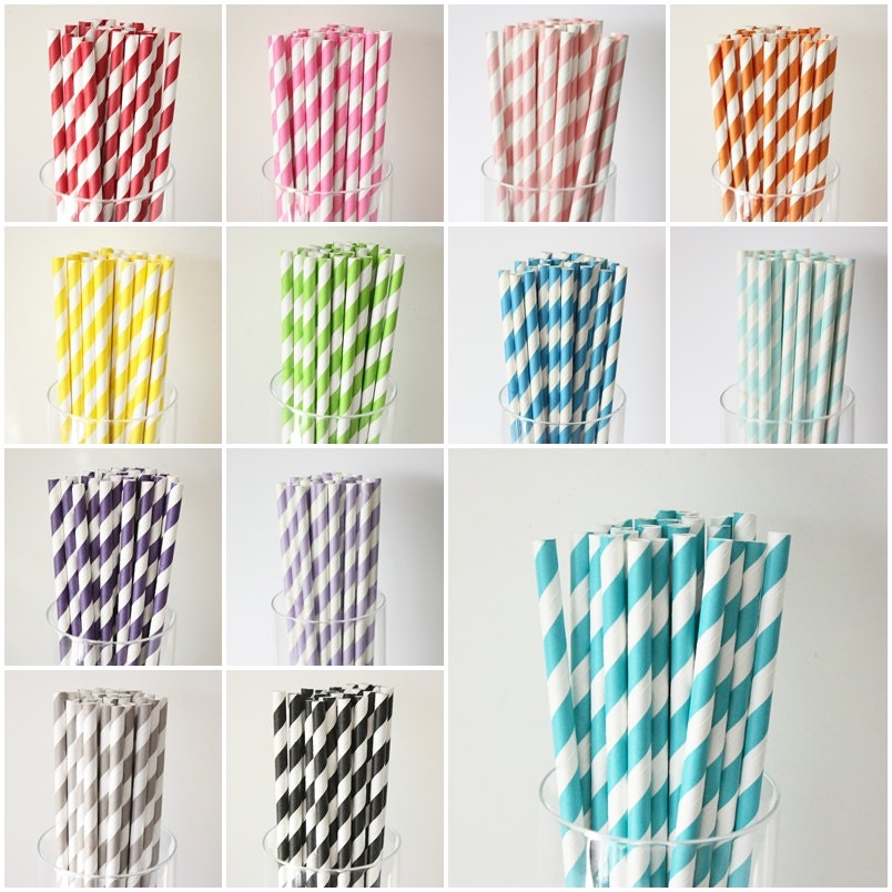 25 Striped PAPER STRAWS - 13 colors to choose from - w/ DIY printable flag - vintage retro wedding bridal shower baby shower birthday party Il_170x135