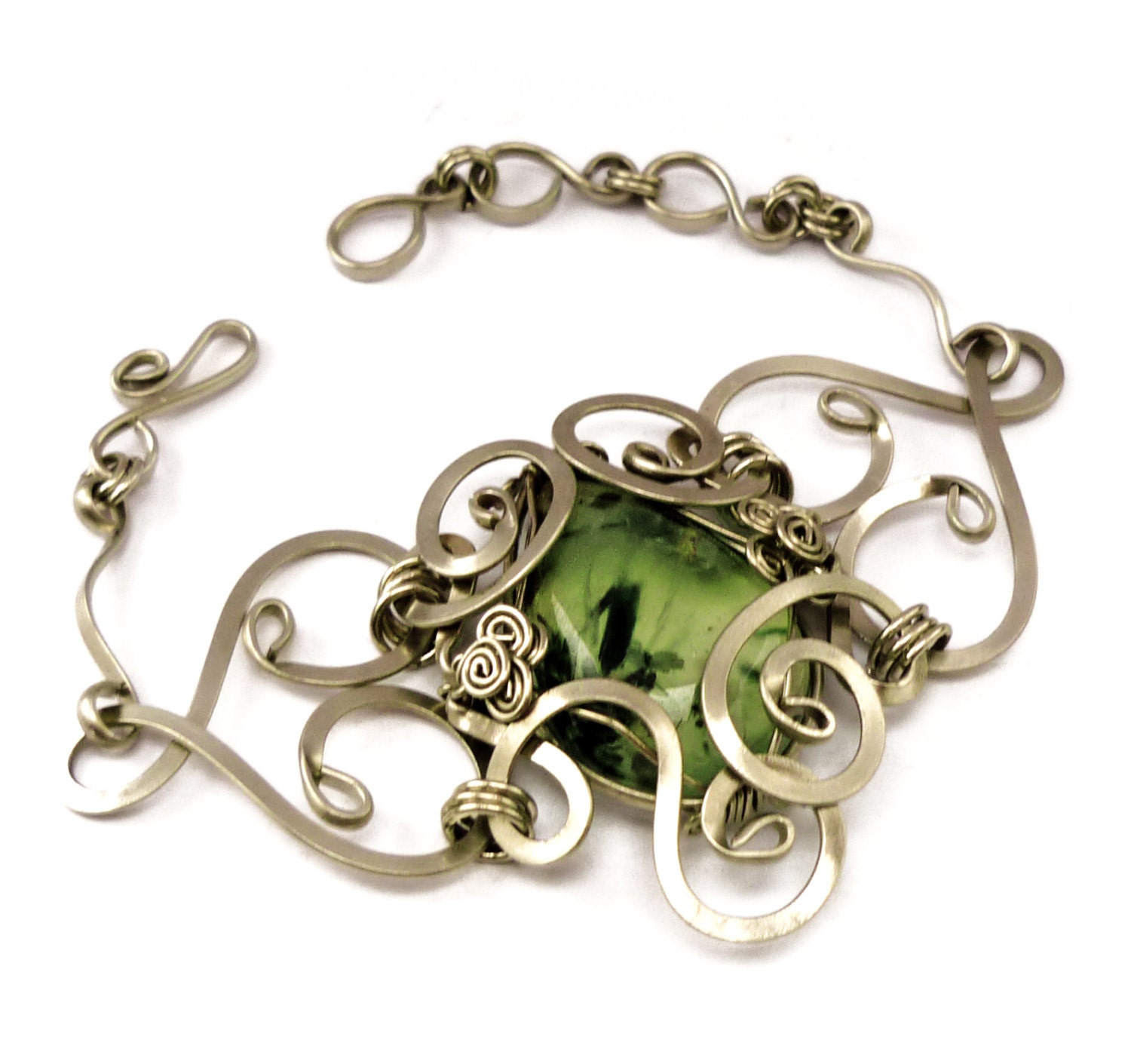 Wire Wrap Art Nouveau Bracelet with Prehnite stone