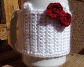 Crochet White Kitty Cat Coffee Mug Cup Cozy with Red Bow
