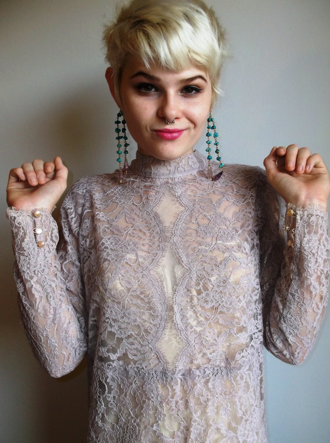 1920s sheer alencon lace netted dress / lavender bridal /  xs s