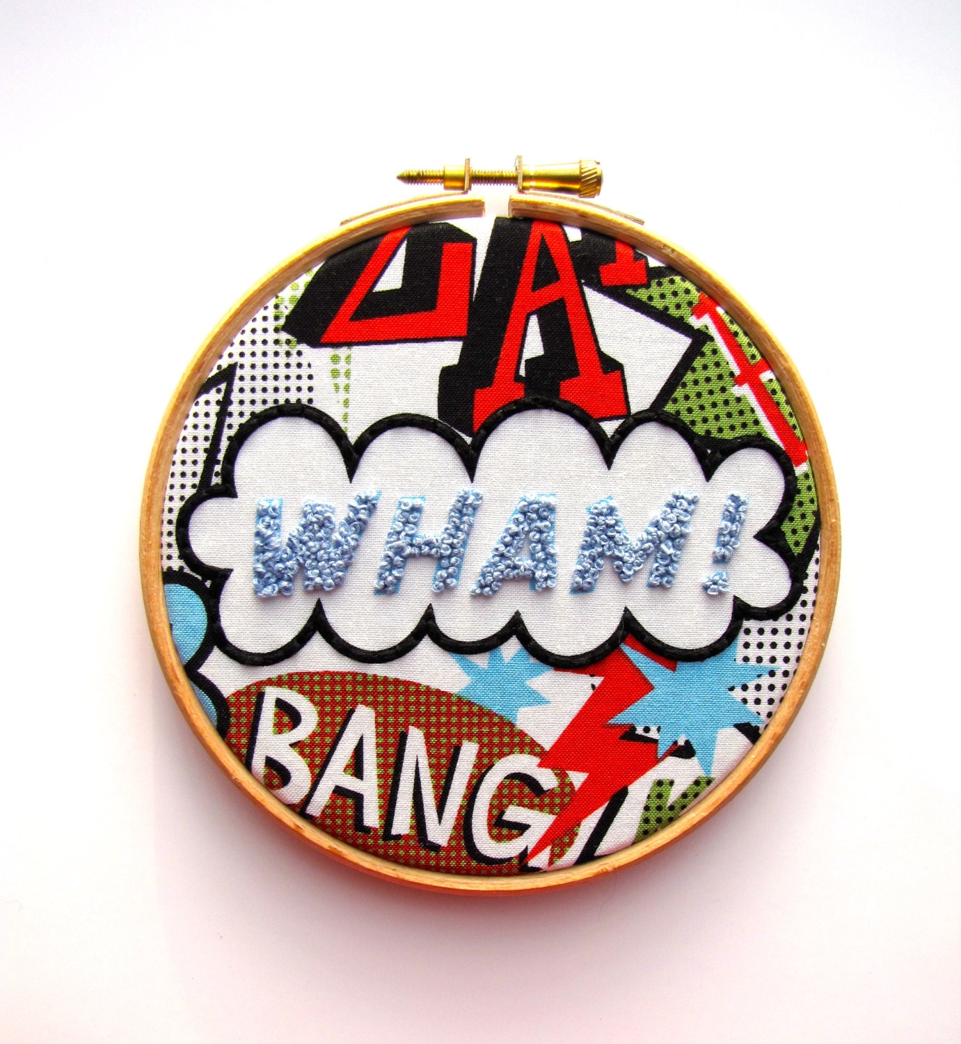 WHAM - Hand Embroidery Hoop Art - Bright Bold Colours - Comic Book - Superhero - 5x5 inch Hoop by mirrymirry - mirrymirry
