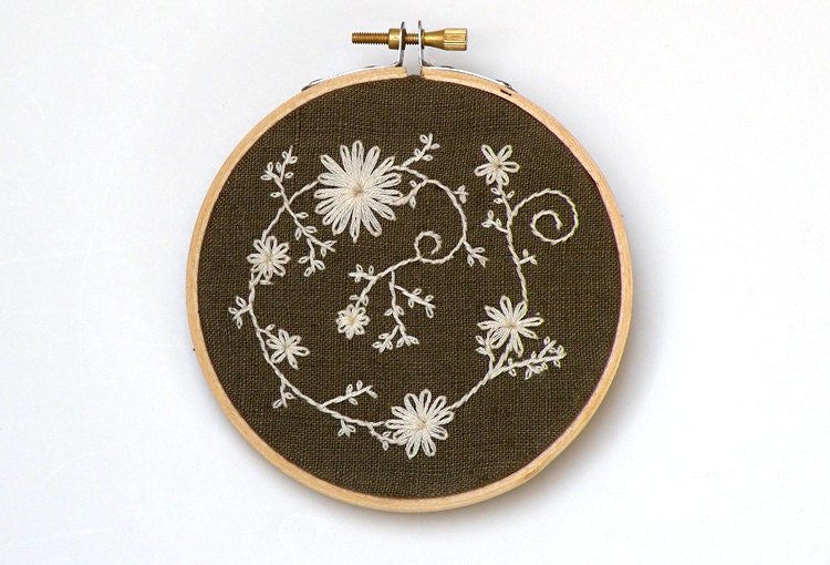 Ecru cream embroidered flowers on olive green - 4" embroidery hoop