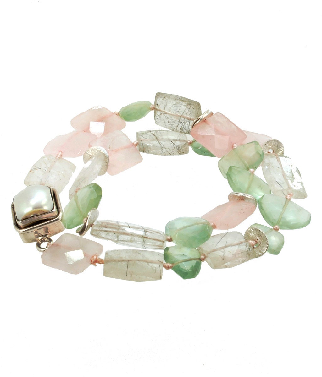 Double Wrap Prehnite & Quartz  Bracelet