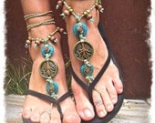 Yggdrasil TREE of life BAREFOOT SANDALS Turquoise Stone artisan tan crochet sandals foot jewelry Bohemian beach sandals Earthy Wedding