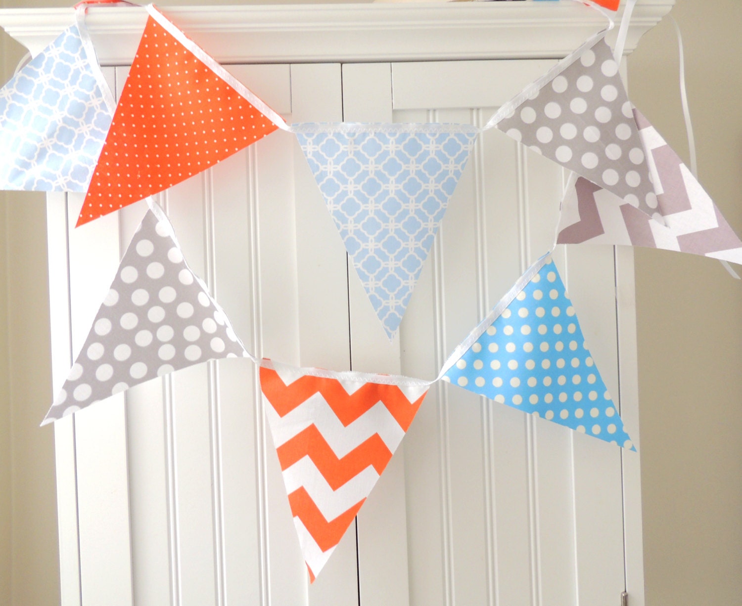 9 Feet Banner, 21 Flag Bunting, Orange, Grey and Light Blue Chevron and Polka Dots, Baby Boy Nursery Decor, Wedding, Birthday Garland