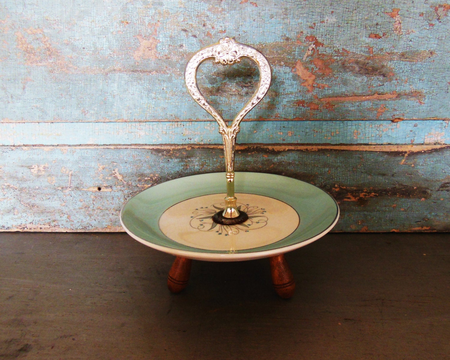 Footed Tid Bits Dish Aqua Gray Plate Saucer