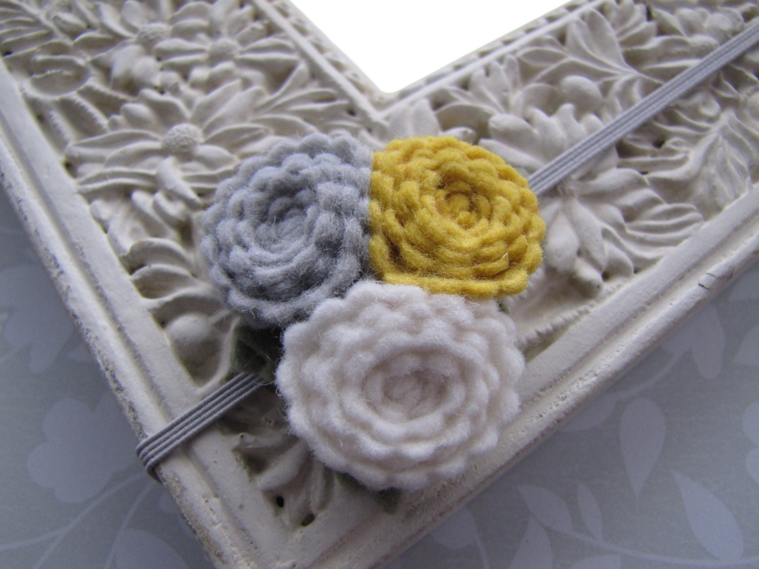 Vintage Colors . felt flowers . elastic headband . girls hair accessory . mustard gray white