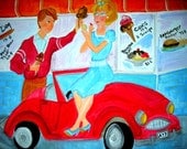 Barbie and Ken at the Malt Shop Acrylic Canvas painting girl's wall art 20x16